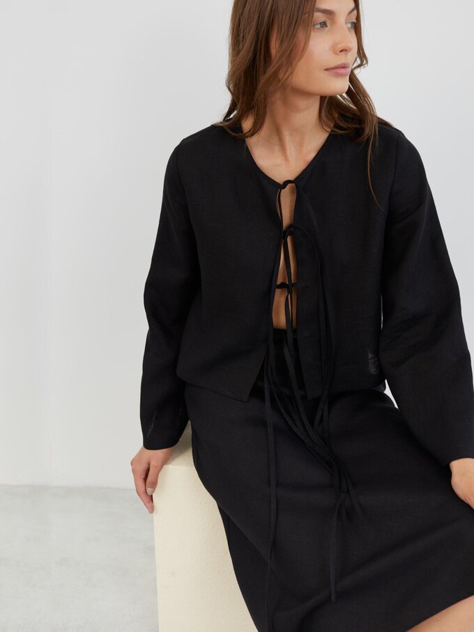 Image 4 of Long Sleeve Tie Front Linen Top in Black BLAIRE from ALBERALKIRK | Handmade Linen Clothing for Women