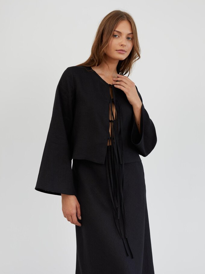 Image 5 of Long Sleeve Tie Front Linen Top in Black BLAIRE from ALBERALKIRK | Handmade Linen Clothing for Women