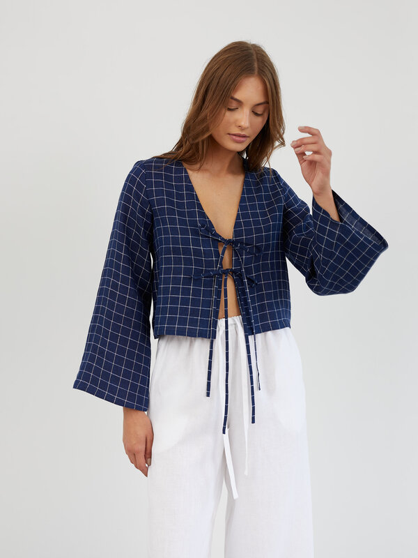 Image 1 of Linen Tie Front Bell Sleeve Top in Grid Blue White CASSIDY from ALBERALKIRK | Handmade Linen Clothing for Women