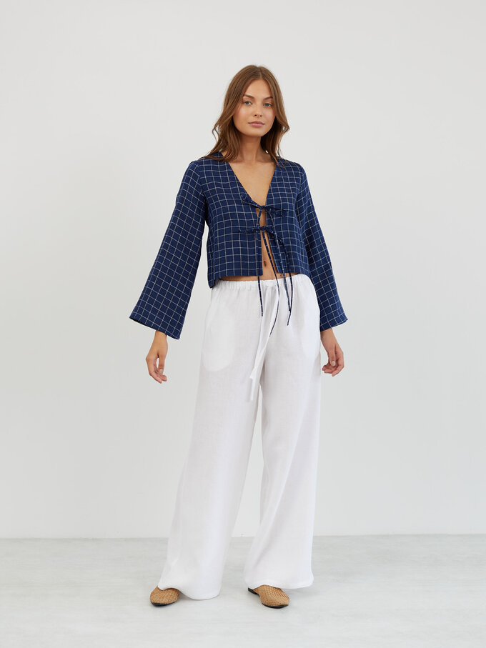 Image 2 of Linen Tie Front Bell Sleeve Top in Grid Blue White CASSIDY from ALBERALKIRK | Handmade Linen Clothing for Women