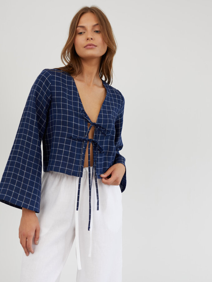 Image 3 of Linen Tie Front Bell Sleeve Top in Grid Blue White CASSIDY from ALBERALKIRK | Handmade Linen Clothing for Women