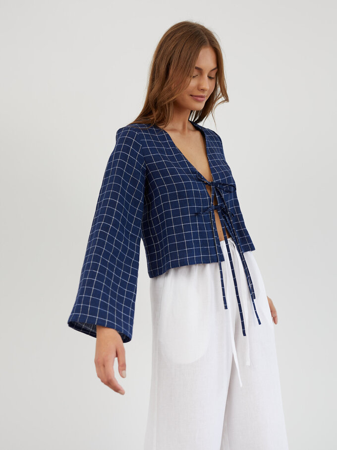 Image 4 of Linen Tie Front Bell Sleeve Top in Grid Blue White CASSIDY from ALBERALKIRK | Handmade Linen Clothing for Women