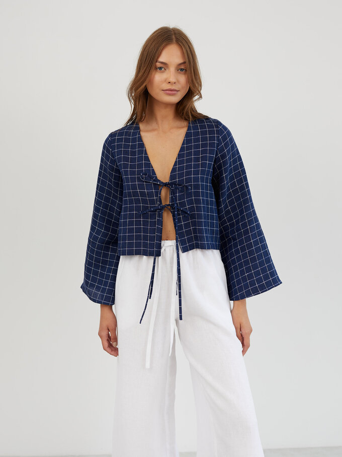 Image 5 of Linen Tie Front Bell Sleeve Top in Grid Blue White CASSIDY from ALBERALKIRK | Handmade Linen Clothing for Women