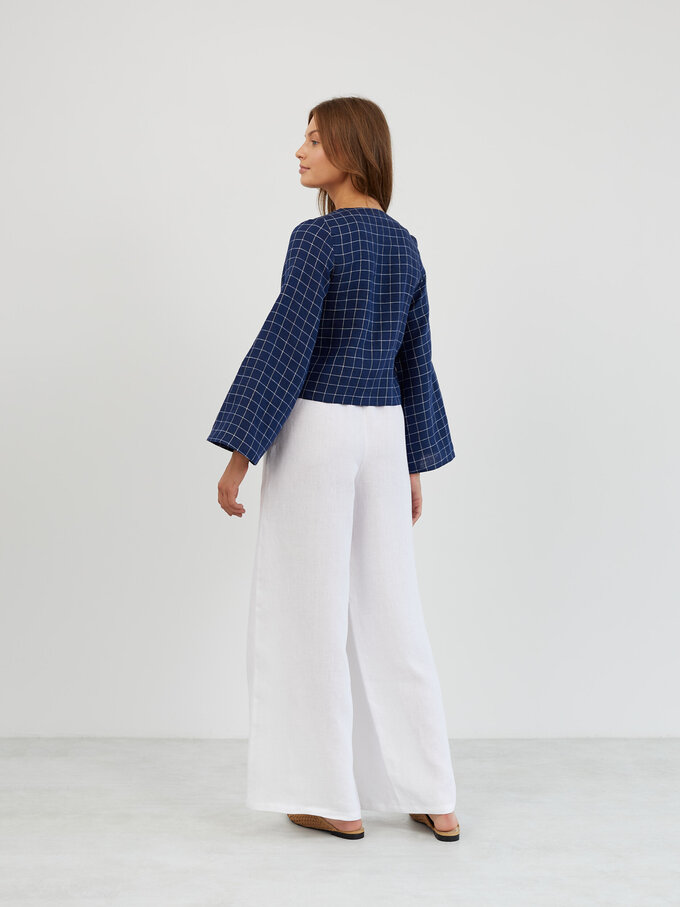 Image 6 of Linen Tie Front Bell Sleeve Top in Grid Blue White CASSIDY from ALBERALKIRK | Handmade Linen Clothing for Women