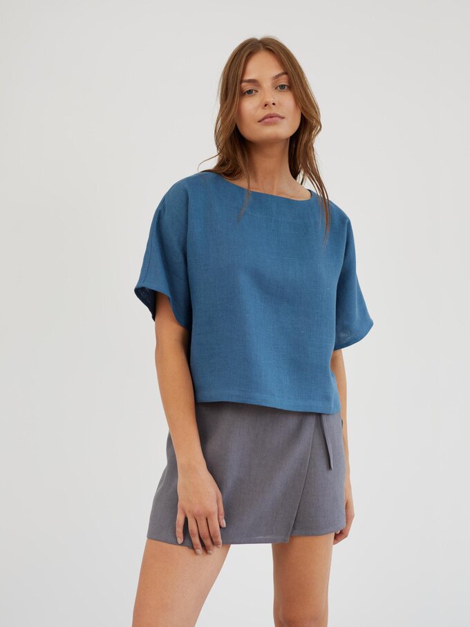 Image 1 of Boxy Cropped Linen Top in Sea Blue BEE from ALBERALKIRK | Handmade Linen Clothing for Women