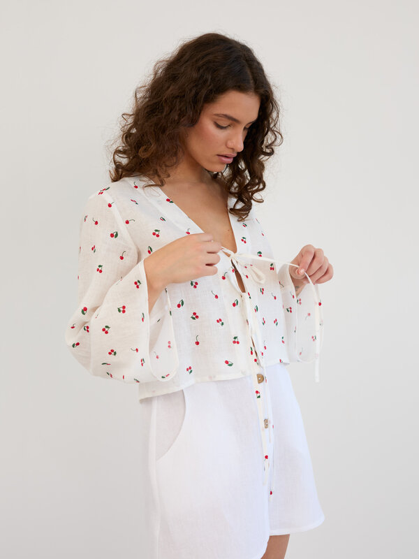 Image 1 of Linen Tie Front Bell Sleeve Crop Top in Cherry Print CASSIDY from ALBERALKIRK | Handmade Linen Clothing for Women