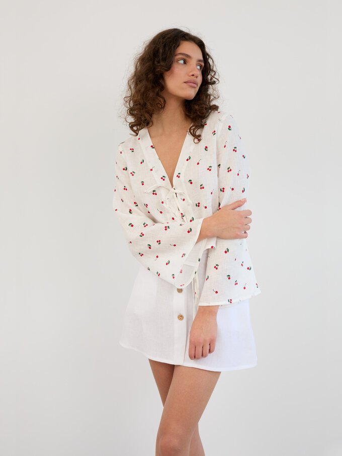 Image 3 of Linen Tie Front Bell Sleeve Crop Top in Cherry Print CASSIDY from ALBERALKIRK | Handmade Linen Clothing for Women