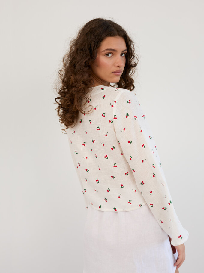Image 6 of Linen Tie Front Bell Sleeve Crop Top in Cherry Print CASSIDY from ALBERALKIRK | Handmade Linen Clothing for Women