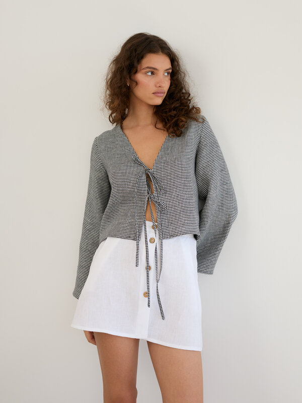 Image 1 of Linen Tie Front Bell Sleeve Crop Top in Houndstooth CASSIDY from ALBERALKIRK | Handmade Linen Clothing for Women