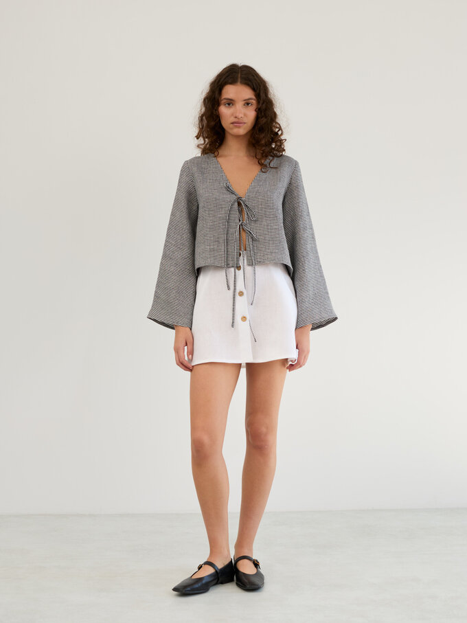 Image 2 of Linen Tie Front Bell Sleeve Crop Top in Houndstooth CASSIDY from ALBERALKIRK | Handmade Linen Clothing for Women