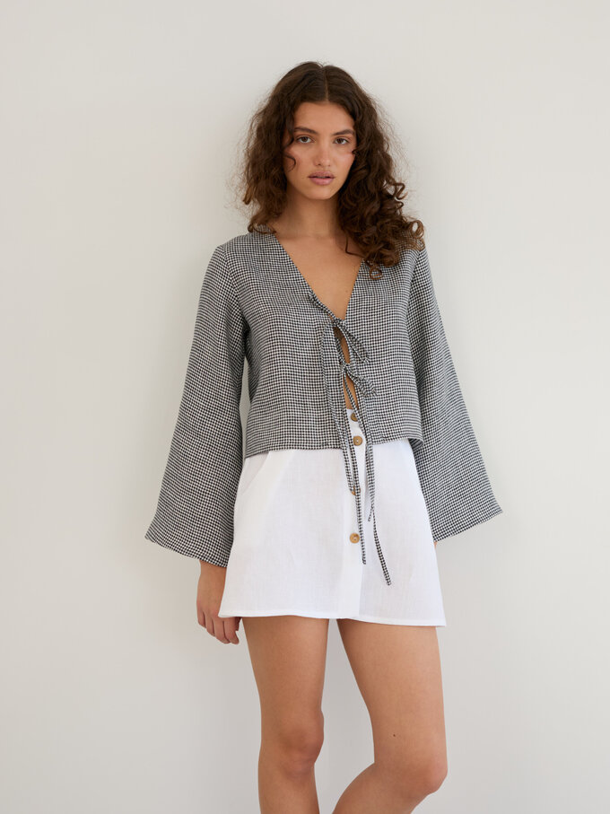 Image 3 of Linen Tie Front Bell Sleeve Crop Top in Houndstooth CASSIDY from ALBERALKIRK | Handmade Linen Clothing for Women