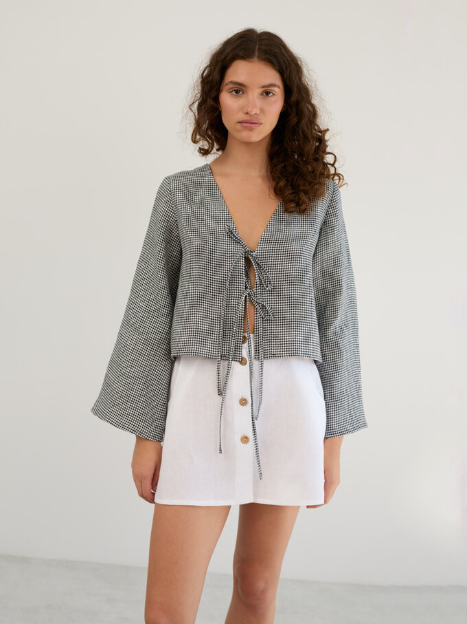 Image 5 of Linen Tie Front Bell Sleeve Crop Top in Houndstooth CASSIDY from ALBERALKIRK | Handmade Linen Clothing for Women