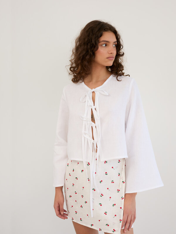 Image 1 of Linen Tie Front Cropped Top in White BLAIRE from ALBERALKIRK | Handmade Linen Clothing for Women