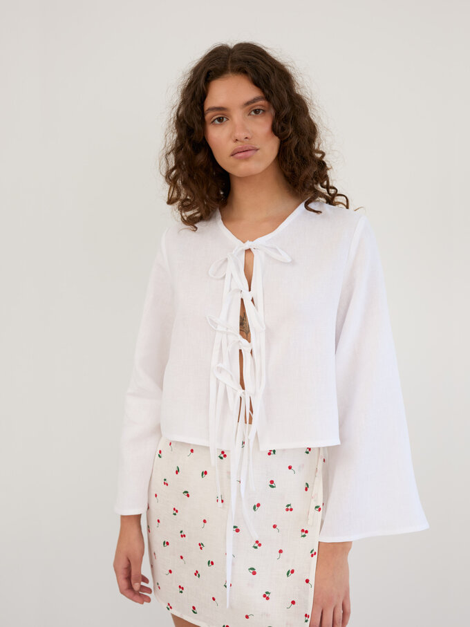 Image 3 of Linen Tie Front Cropped Top in White BLAIRE from ALBERALKIRK | Handmade Linen Clothing for Women