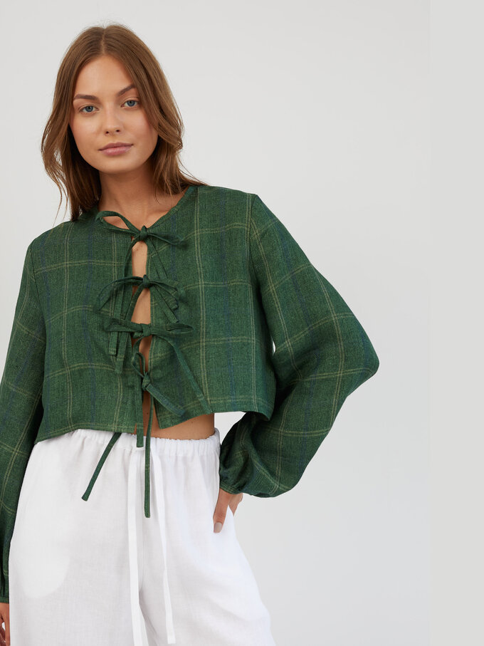 Image 1 of Tie Front Cropped Linen Top in Plaid Green KOA from ALBERALKIRK | Handmade Linen Clothing for Women