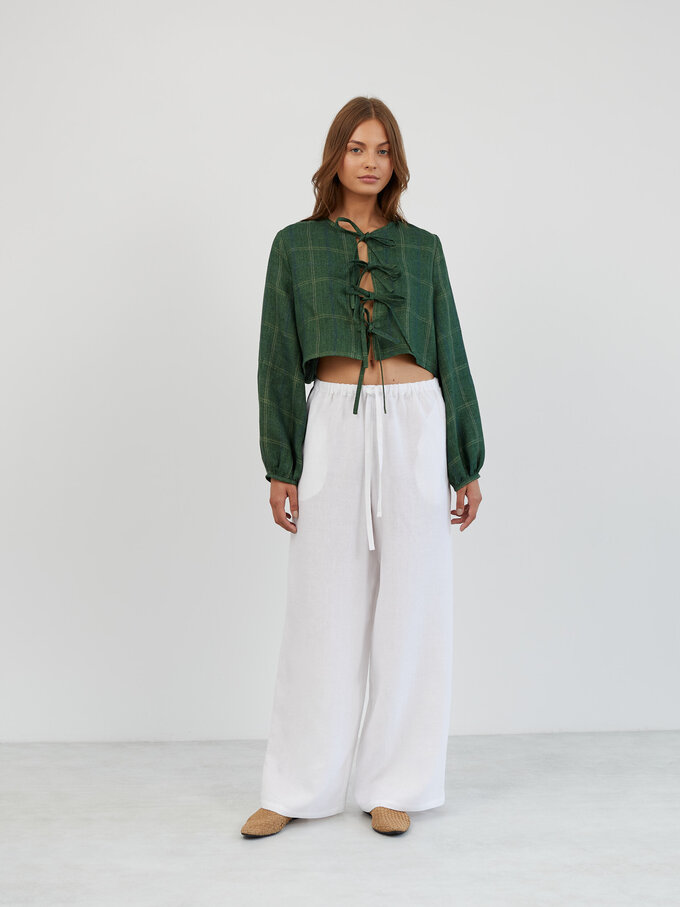 Image 2 of Tie Front Cropped Linen Top in Plaid Green KOA from ALBERALKIRK | Handmade Linen Clothing for Women
