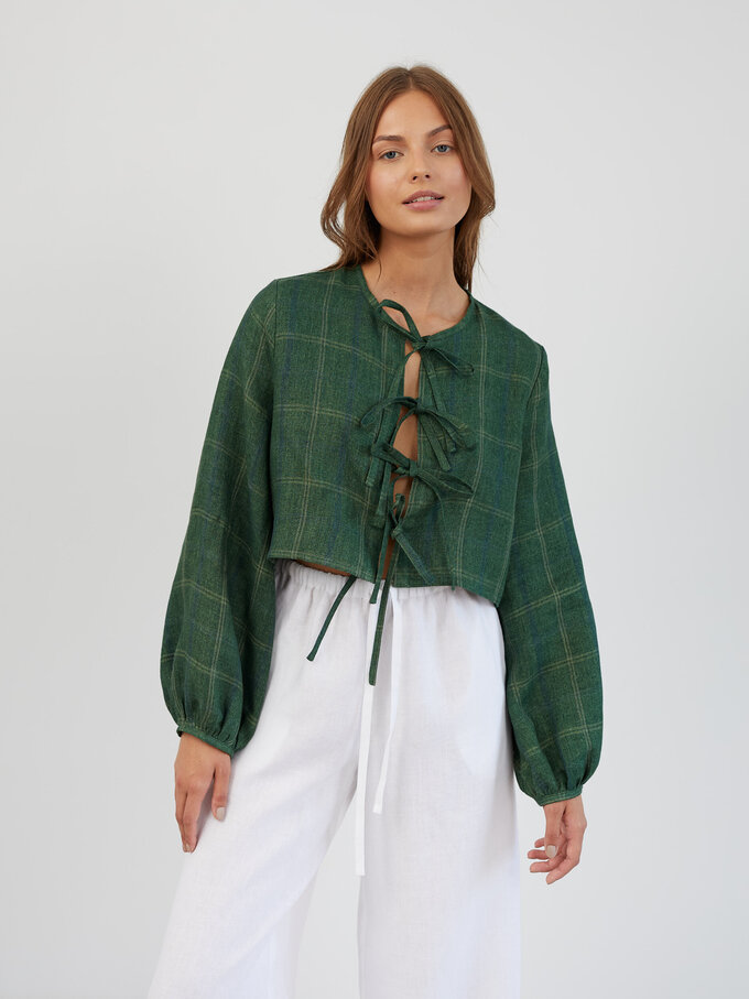 Image 3 of Tie Front Cropped Linen Top in Plaid Green KOA from ALBERALKIRK | Handmade Linen Clothing for Women