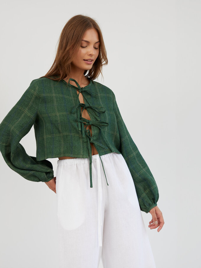 Image 4 of Tie Front Cropped Linen Top in Plaid Green KOA from ALBERALKIRK | Handmade Linen Clothing for Women