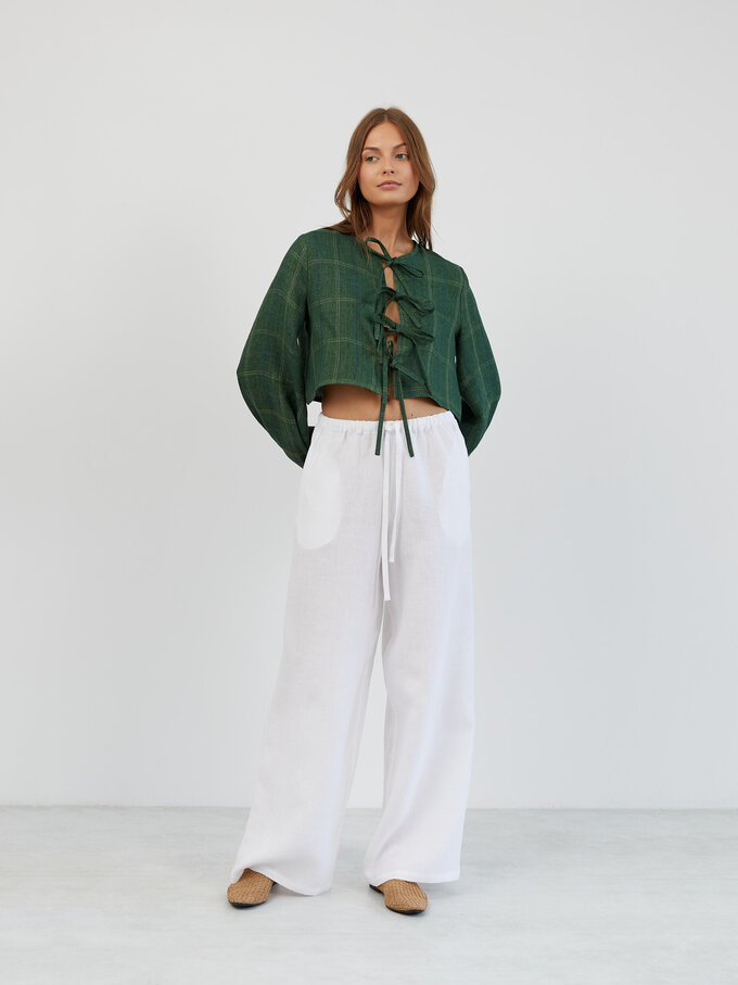 Image 5 of Tie Front Cropped Linen Top in Plaid Green KOA from ALBERALKIRK | Handmade Linen Clothing for Women