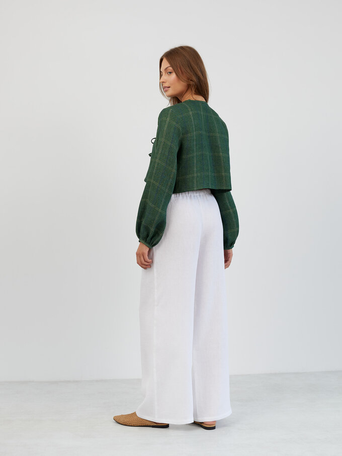 Image 6 of Tie Front Cropped Linen Top in Plaid Green KOA from ALBERALKIRK | Handmade Linen Clothing for Women