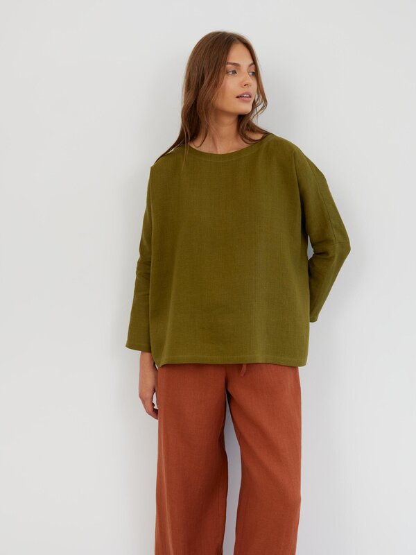 Image 1 of Long Sleeve Linen Top in Moss Green RUMI from ALBERALKIRK | Handmade Linen Clothing for Women