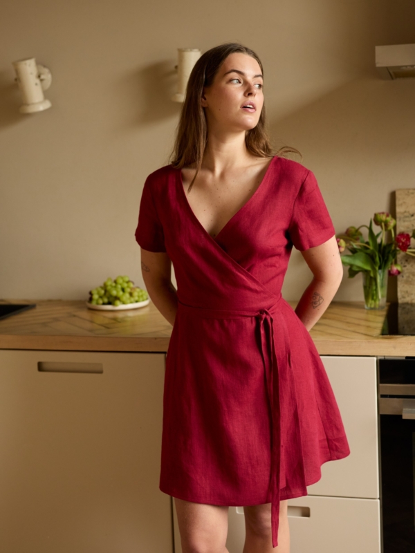 Image 1 of SADIE short sleeve linen wrap dress in Cherry Red, featuring a flattering V-neck and A-line mini skirt, from ALBERALKIRK.
