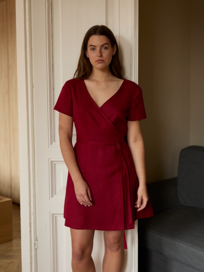 Image 3 of SADIE short sleeve linen wrap dress in Cherry Red, featuring a flattering V-neck and A-line mini skirt, from ALBERALKIRK.
