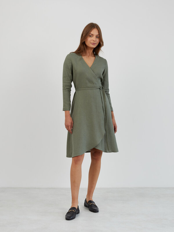 Image 1 of Long Sleeve Linen Wrap Dress in Sage Green CLAUDIA from ALBERALKIRK | Handmade Linen Clothing for Women