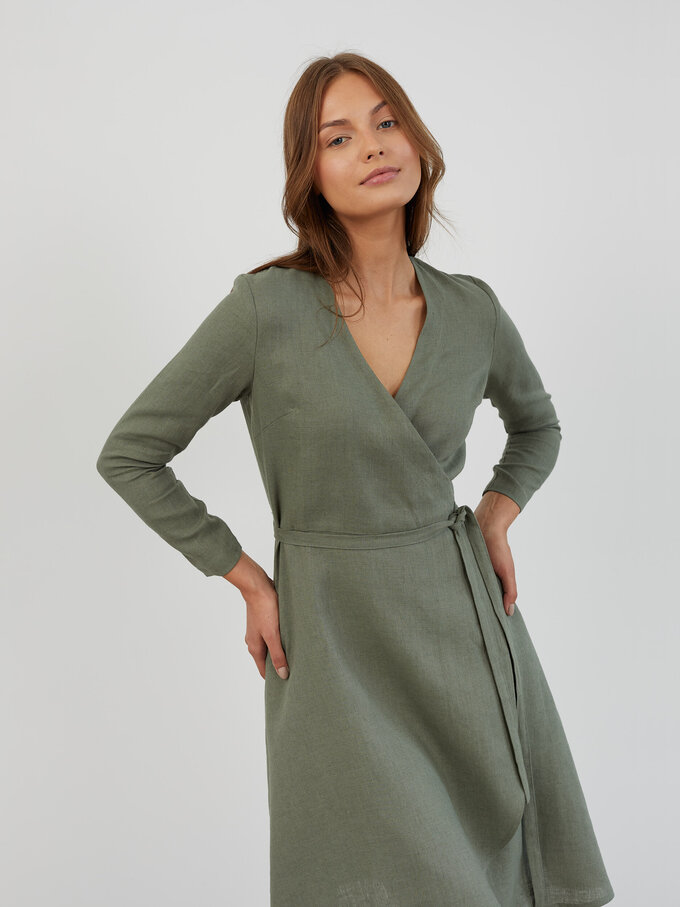 Image 2 of Long Sleeve Linen Wrap Dress in Sage Green CLAUDIA from ALBERALKIRK | Handmade Linen Clothing for Women
