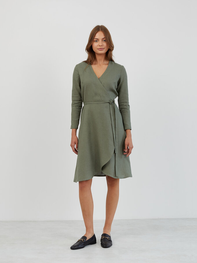 Image 4 of Long Sleeve Linen Wrap Dress in Sage Green CLAUDIA from ALBERALKIRK | Handmade Linen Clothing for Women