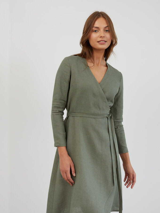 Image 5 of Long Sleeve Linen Wrap Dress in Sage Green CLAUDIA from ALBERALKIRK | Handmade Linen Clothing for Women