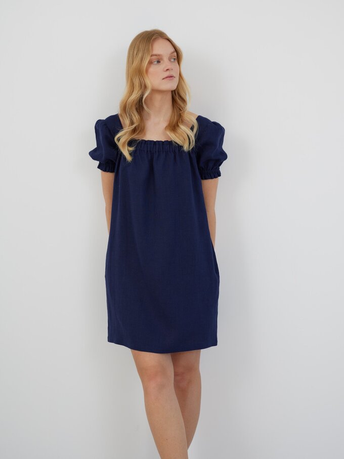 Image 3 of LOTTIE Mini Puff Sleeve Linen Dress in Navy Blue from ALBERALKIRK