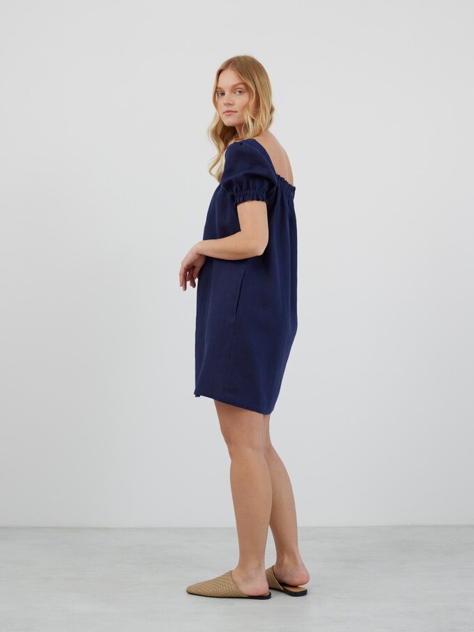 Image 4 of LOTTIE Mini Puff Sleeve Linen Dress in Navy Blue from ALBERALKIRK
