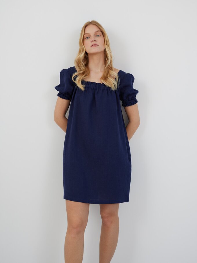 Image 5 of LOTTIE Mini Puff Sleeve Linen Dress in Navy Blue from ALBERALKIRK