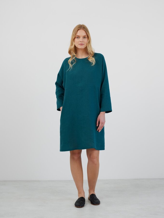 Image 2 of LUCIA Long Sleeve Linen Dress in Emerald Blue from ALBERALKIRK