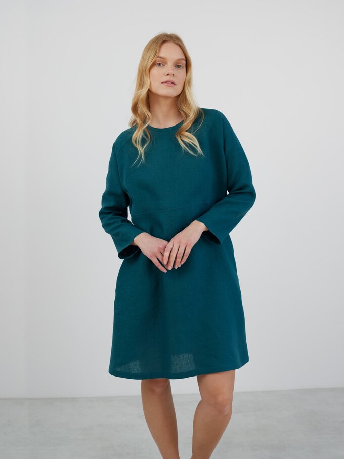Image 3 of LUCIA Long Sleeve Linen Dress in Emerald Blue from ALBERALKIRK