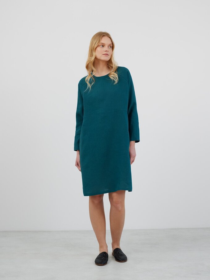 Image 4 of LUCIA Long Sleeve Linen Dress in Emerald Blue from ALBERALKIRK
