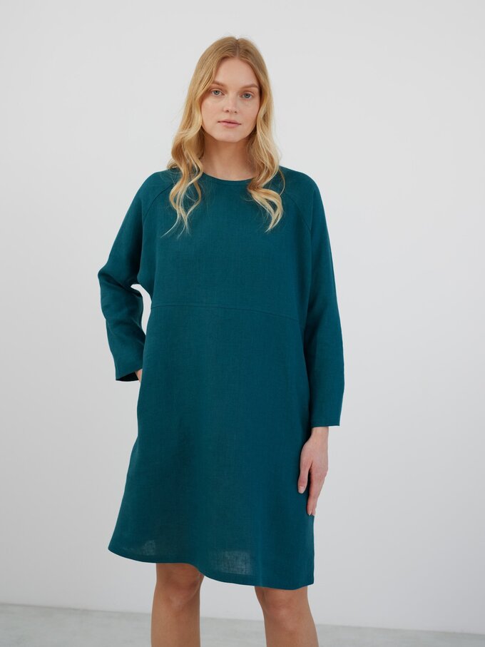 Image 5 of LUCIA Long Sleeve Linen Dress in Emerald Blue from ALBERALKIRK