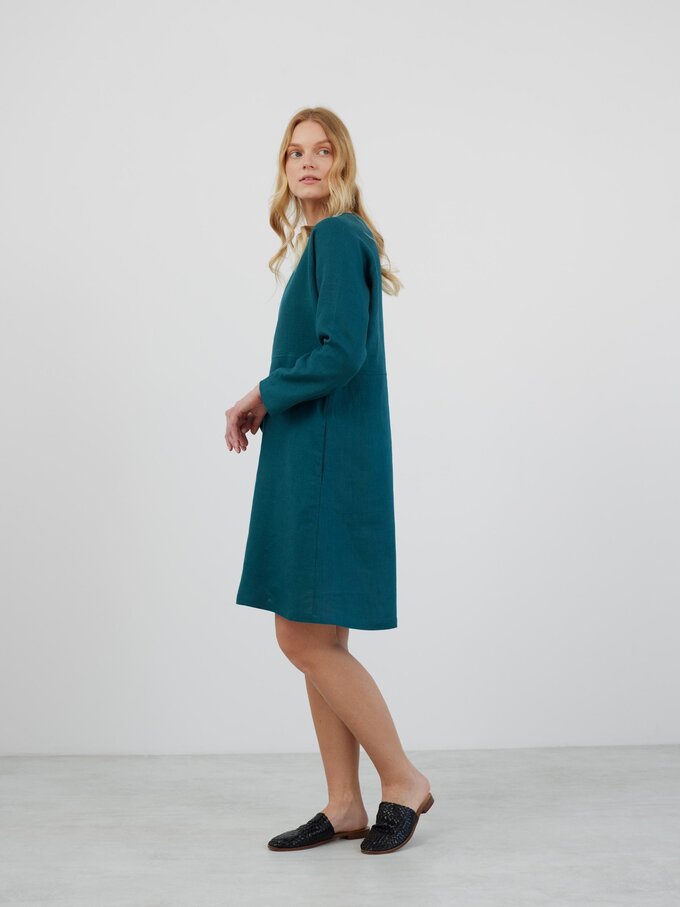 Image 6 of LUCIA Long Sleeve Linen Dress in Emerald Blue from ALBERALKIRK