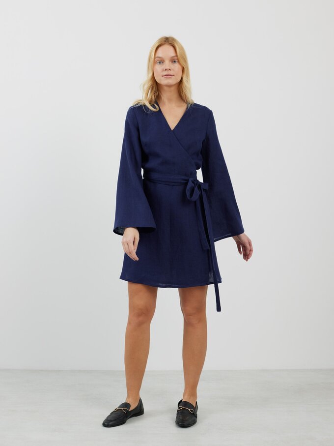 Bild 2 von LYDIA Langarm Wickelkleid aus Leinen in Marineblau von ALBERALKIRK