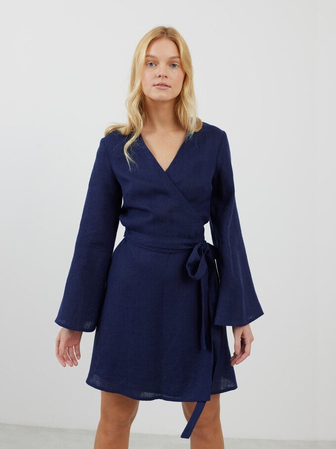 Bild 3 von LYDIA Langarm Wickelkleid aus Leinen in Marineblau von ALBERALKIRK