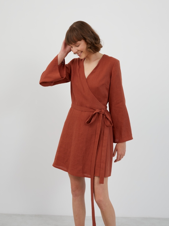 Image 2 of LYDIA Long Sleeve Mini Linen Dress in Rust from ALBERALKIRK