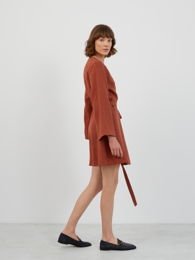 Image 3 of LYDIA Long Sleeve Mini Linen Dress in Rust from ALBERALKIRK