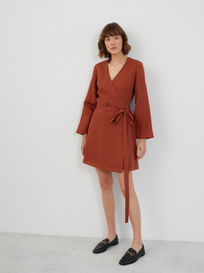 Image 4 of LYDIA Long Sleeve Mini Linen Dress in Rust from ALBERALKIRK