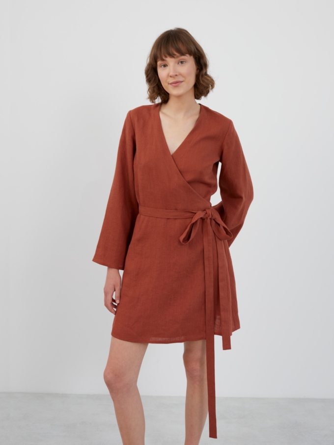 Image 5 of LYDIA Long Sleeve Mini Linen Dress in Rust from ALBERALKIRK