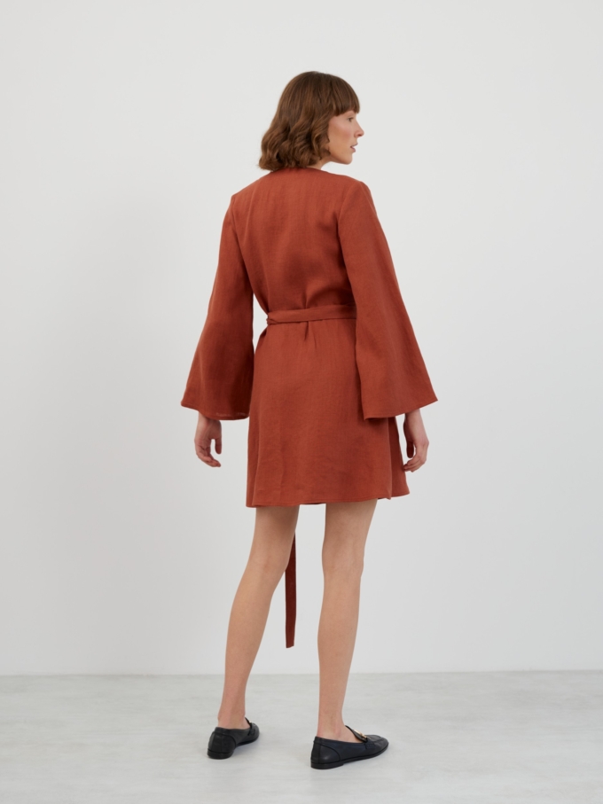 Image 6 of LYDIA Long Sleeve Mini Linen Dress in Rust from ALBERALKIRK