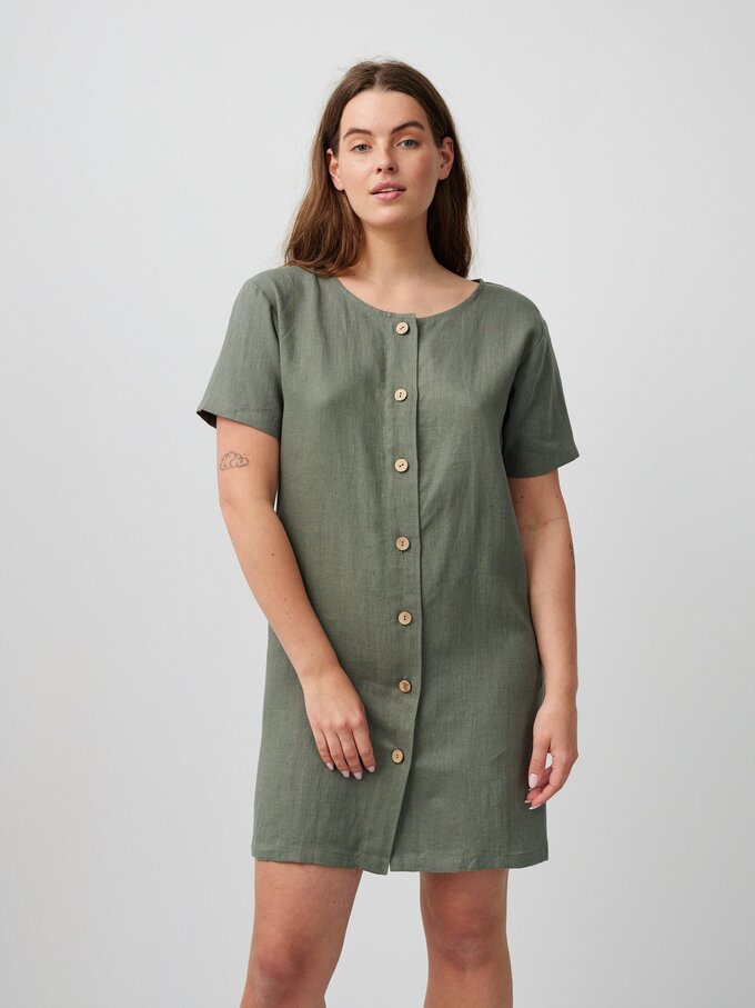Image 1 of LYRA Button Down Short Linen Dress in Sage Green from ALBERALKIRK