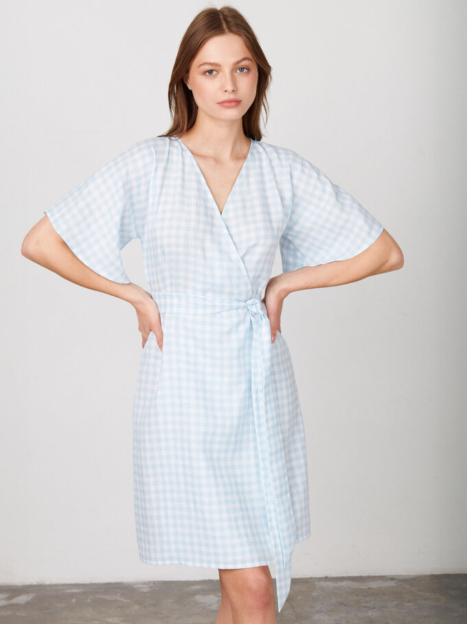 Image 2 of MARY Linen Wrap Dress in Light Blue Gingham from ALBERALKIRK
