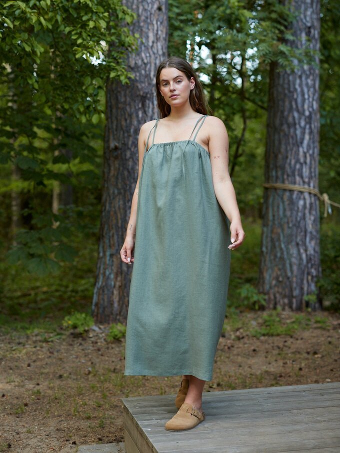 Image 2 of MINT Linen Tie Shoulder Dress in Sage Green from ALBERALKIRK