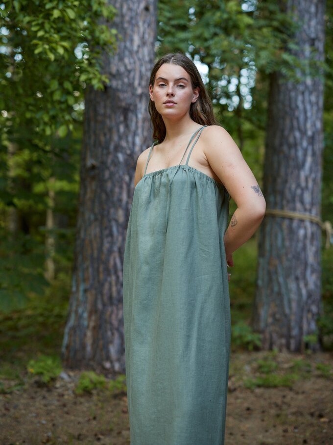 Image 3 of MINT Linen Tie Shoulder Dress in Sage Green from ALBERALKIRK